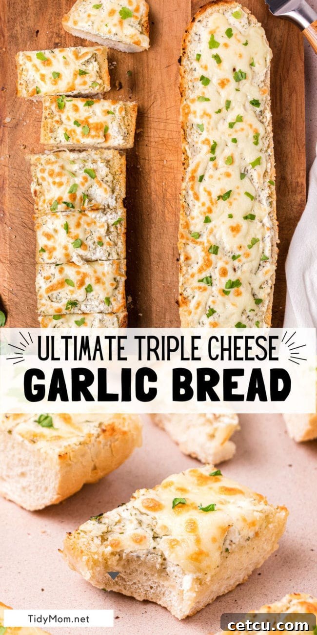 A perfectly golden and cheesy garlic bread loaf on a cutting board, ready for slicing.