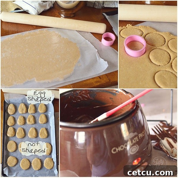 Simple steps to make homemade peanut butter eggs, showing the process from dough to dipping