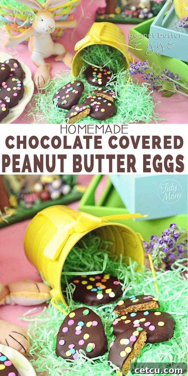 Tall Pinterest image featuring homemade chocolate covered peanut butter eggs, a no-bake recipe from TidyMom.net