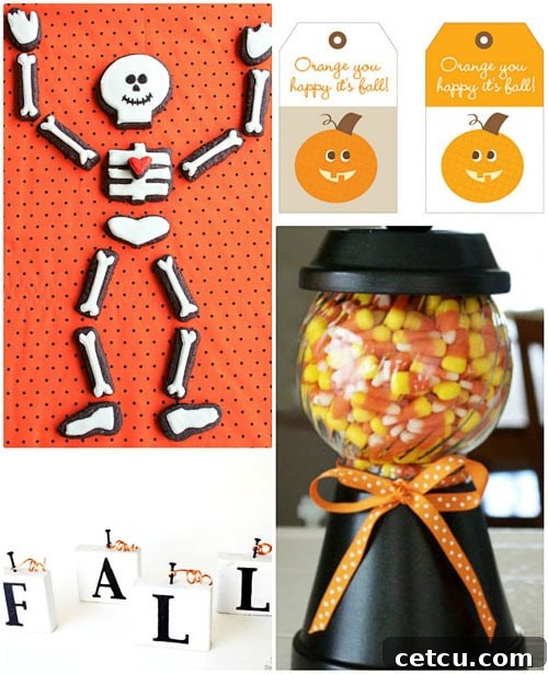 Inspiring Fall craft ideas including whimsical skeleton cookies and modern industrial pumpkins