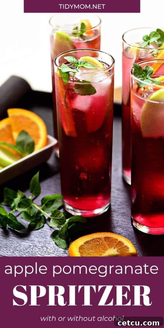 Tall glasses filled with sparkling Apple Pomegranate Spritzers, garnished with apple and orange slices, ready to be served at a celebration.