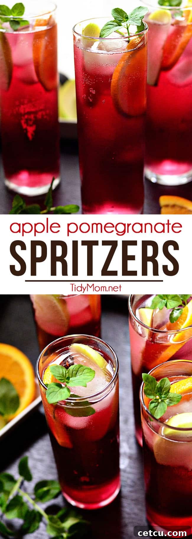 Collection of images showing Apple Pomegranate Spritzers being enjoyed at a party.