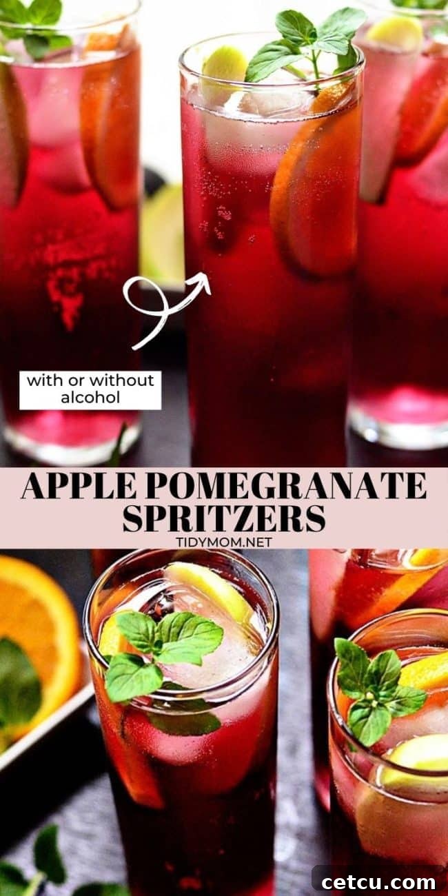 Close-up of red Apple Pomegranate Spritzers in tall glasses, garnished with citrus and mint, highlighting their vibrant color and refreshing appeal.