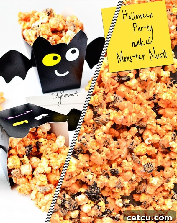 Serve Monster Munch Popcorn at Your Halloween Gathering Halloween Party Popcorn recipe at TidyMom.net - Close-up of Monster Munch Popcorn Bark on a platter, ready for a Halloween party.