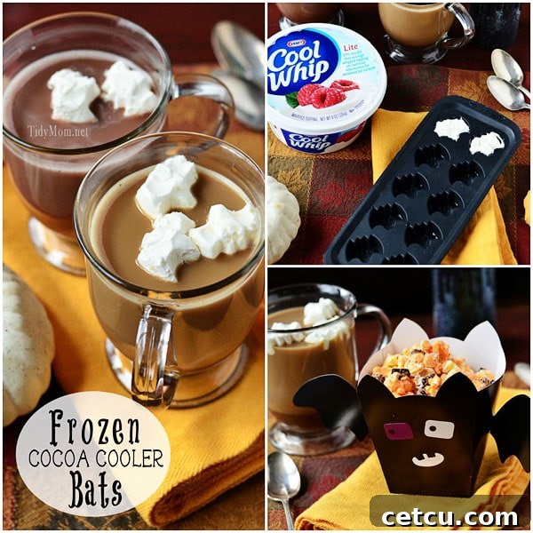 Frozen Cocoa Cooler Bats for Festive Drinks Frozen Cocoa Cooler Bats at TidyMom.net - Bat-shaped frozen whipped topping floating in a mug of hot chocolate.