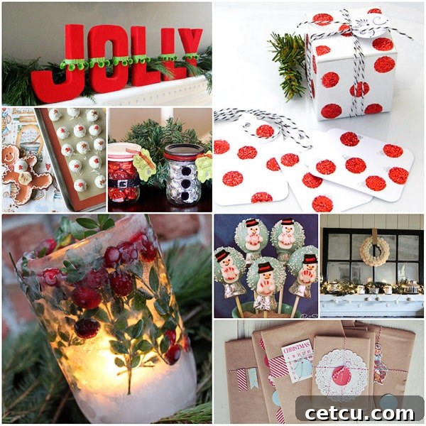 Holiday Ideas collage featuring DIY letters, glitter tags, treat jars, truffles, ice lanterns, cake pops, and gift wrap.