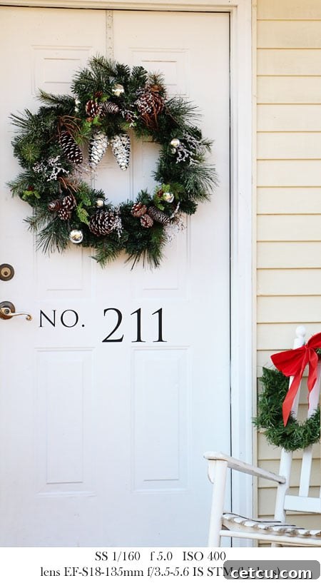 Christmas Wreath on Front Door - Seasonal decor captured with Canon T4i