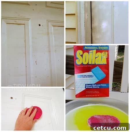 Close-up of a front door being cleaned to remove grime and dirt