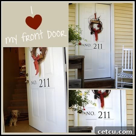 Before and after comparison of a clean front door with added vinyl numbers