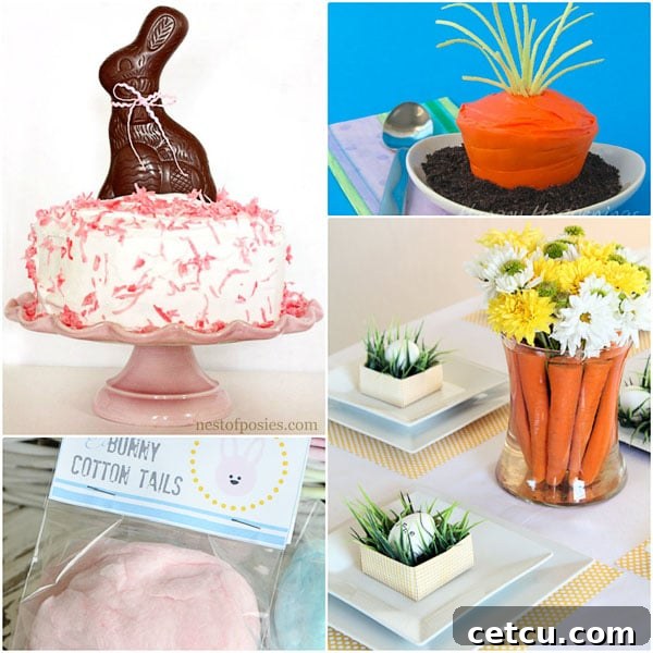 A collage of delicious Easter bunny and carrot themed treats and desserts.