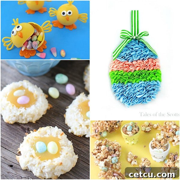 A collection of handmade Easter projects including chocolate chicks, wreaths, and nests.