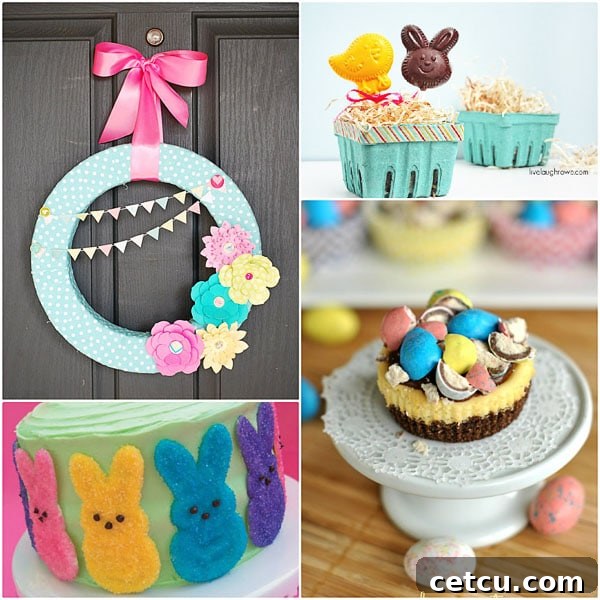An array of Easter treats and creative projects like wreaths, chocolate desserts, and cheesecakes.