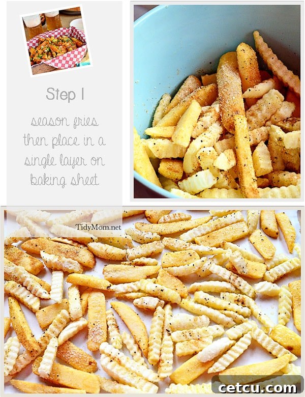 Step-by-step image showing seasoned frozen french fries spread on a baking sheet before cooking.