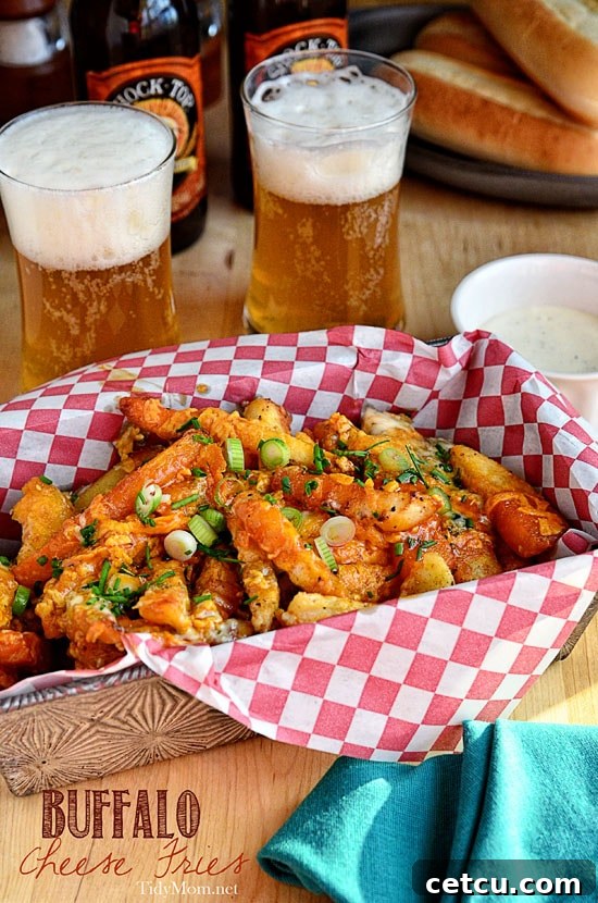 A large serving of Buffalo Cheese Fries on a white plate, ready to be enjoyed.
