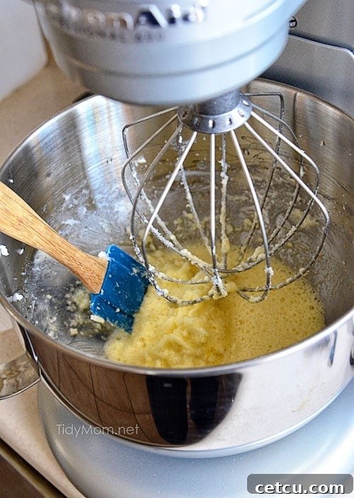Close-up of butter, sugar, and eggs being creamed in a mixing bowl.
