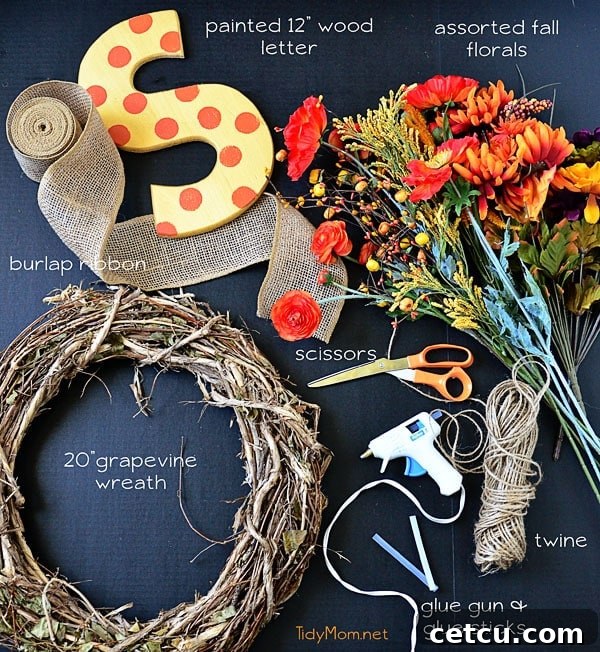 make your own Monogram Fall Wreath supplies at TidyMom.net