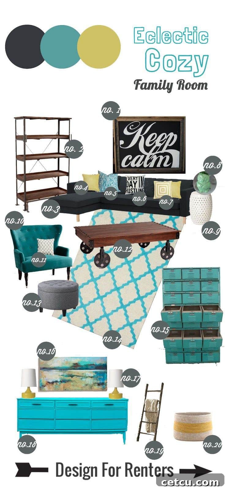Teal Yellow and Gray color pallet - Modern family room color ideas