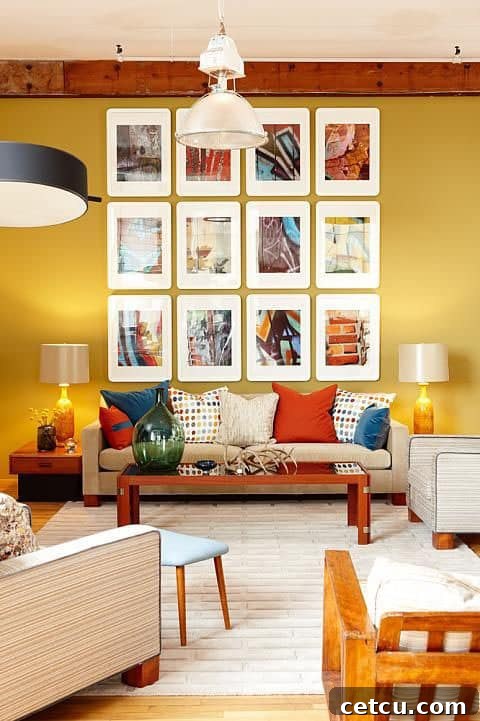 Collage over sofa makes a great focal point - Living room wall art ideas