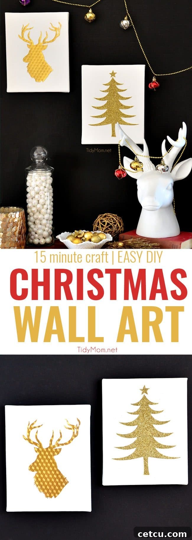 Easy Gold and White Christmas Wall Art - You can make your own custom DIY Christmas Wall Art in no time, with the help of a craft cutter, like the Silhouette. The possibilities are endless! full tutorial at TidyMom.net
