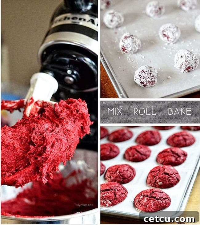 Red Velvet Cookies dough being mixed, rolled into balls, and baked on a sheet