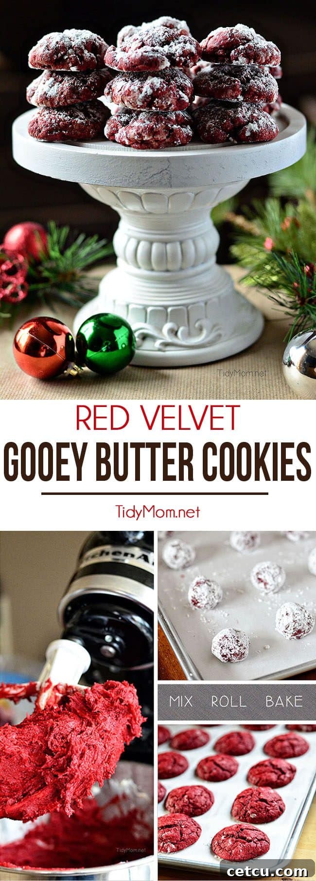Photo collage featuring various stages of Red Velvet Cookies, from dough to baked