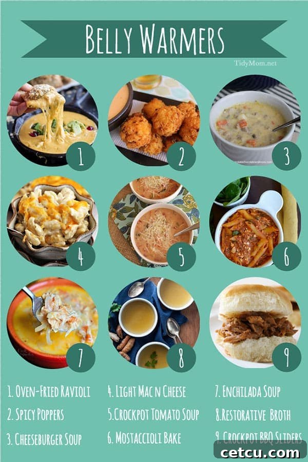 A collage of 9 belly-warming winter recipes including soups, pasta, and appetizers, perfect for cold weather comfort.