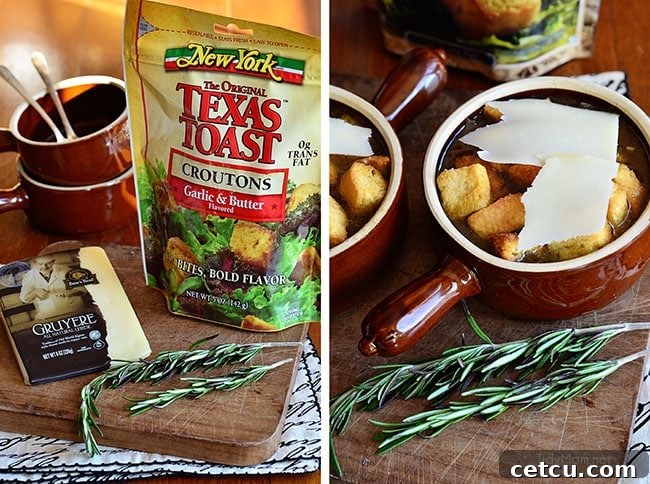Texas Toast slices prepared as croutons for French Onion Soup.