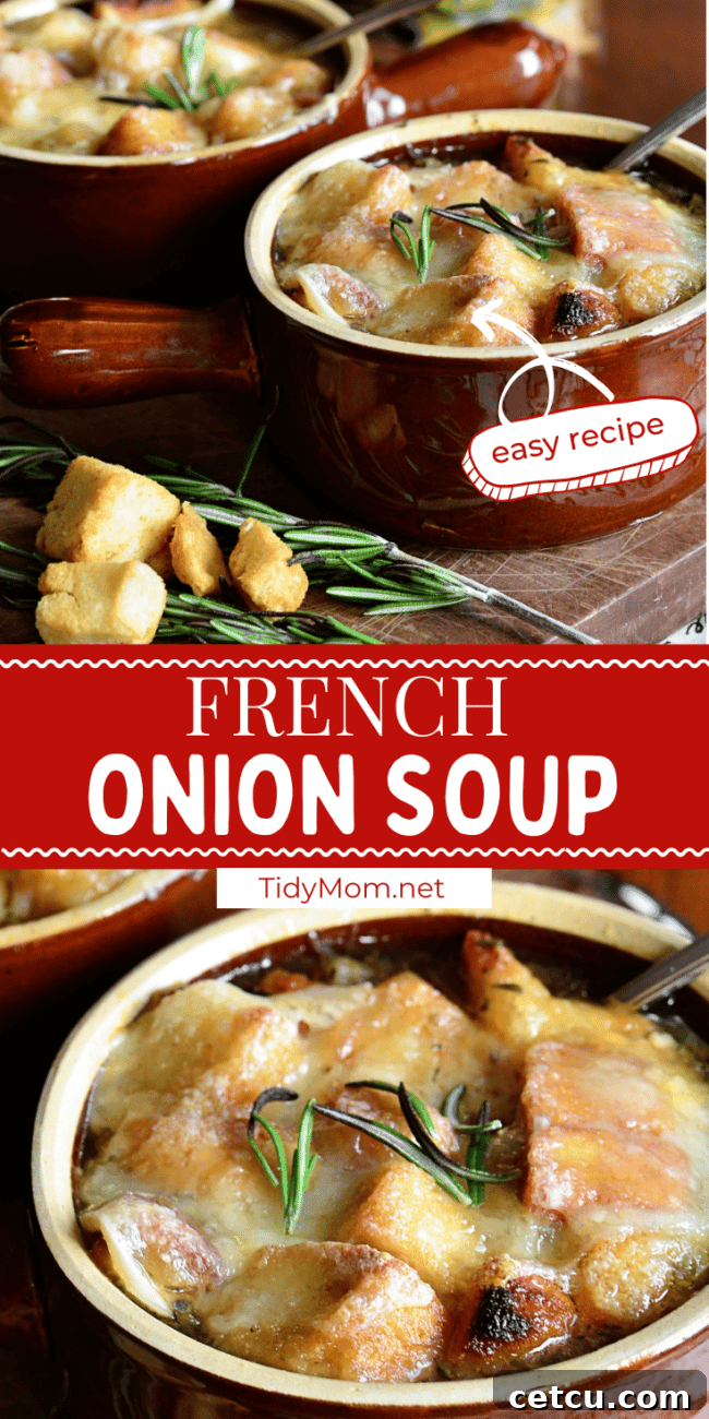 Two brown bowls of French Onion Soup, perfectly topped with melted cheese and croutons.