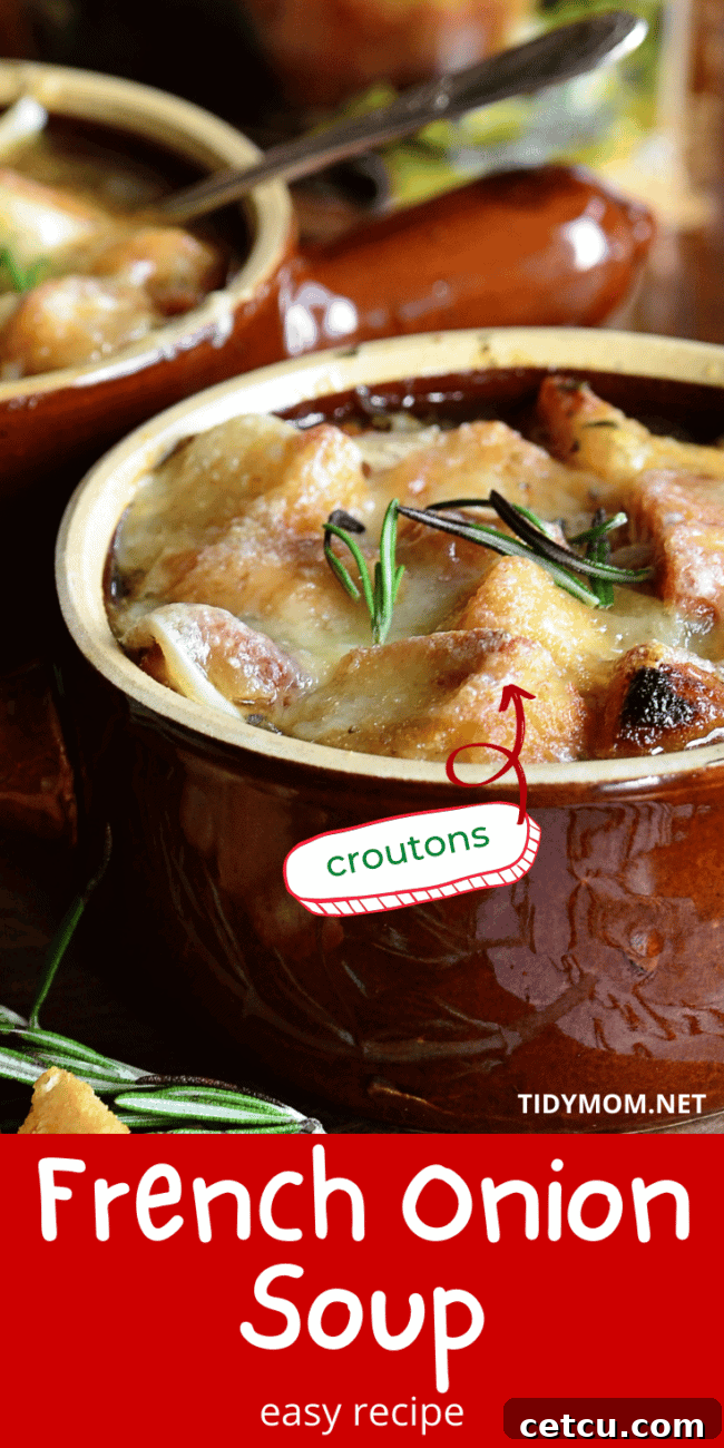 Close up of French Onion Soup, showcasing the bubbly, golden melted cheese and soaked croutons.