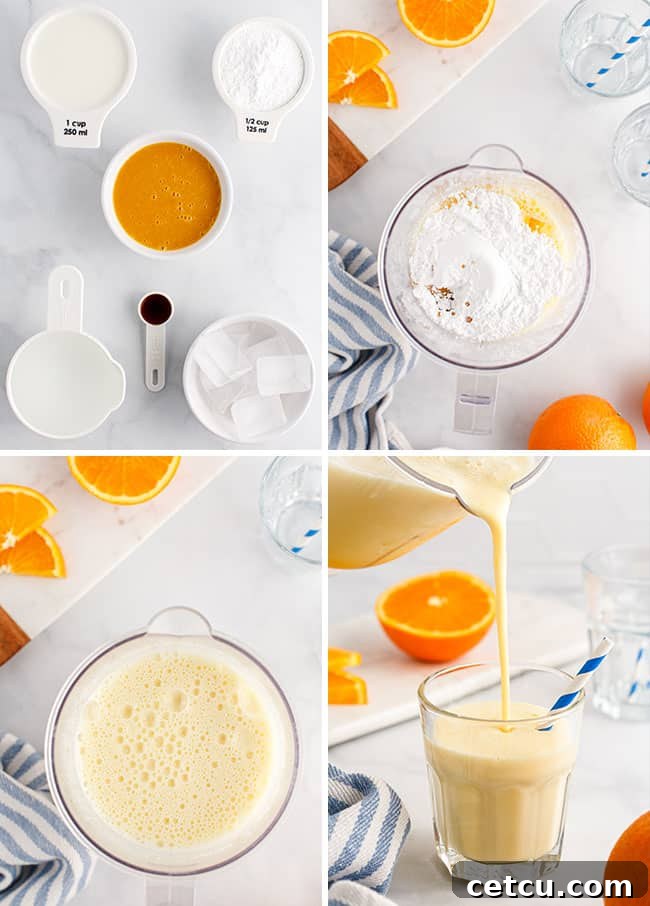A visual collage illustrating the simple step-by-step process of making an Orange Julius in a blender, emphasizing the ease and quickness of preparation.