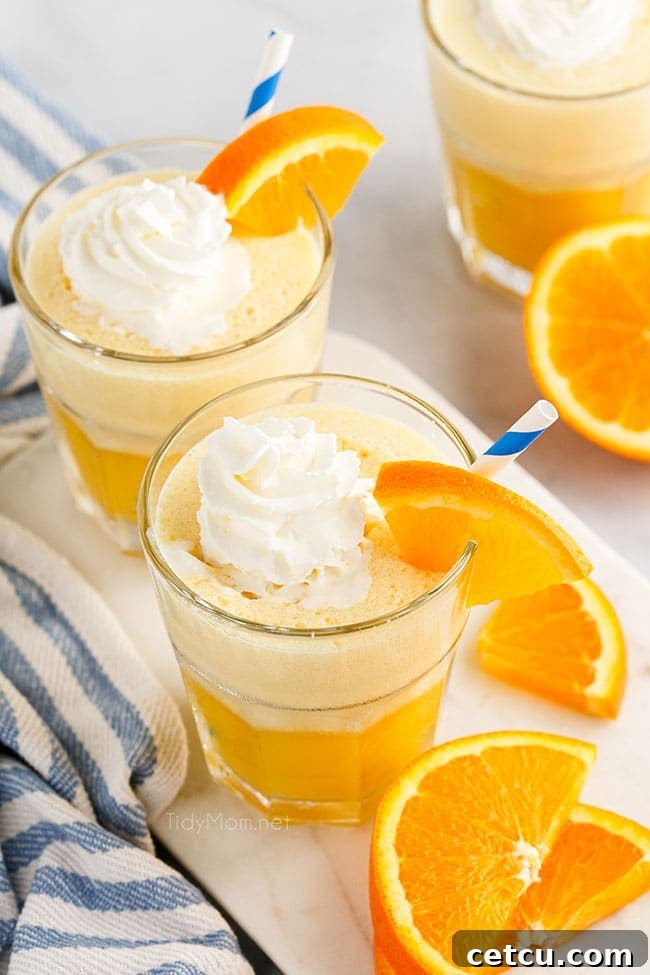 Two glasses of frothy Homemade Orange Julius, artfully topped with whipped cream, sitting on a kitchen counter ready for immediate enjoyment.