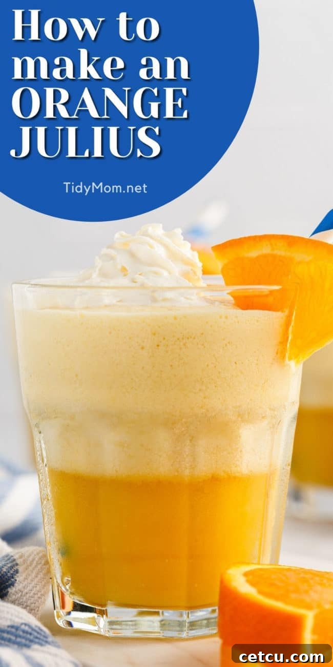 A single glass with a perfect Orange Julius, topped with whipped cream, placed on a simple background, evoking a sense of calm and refreshing enjoyment.