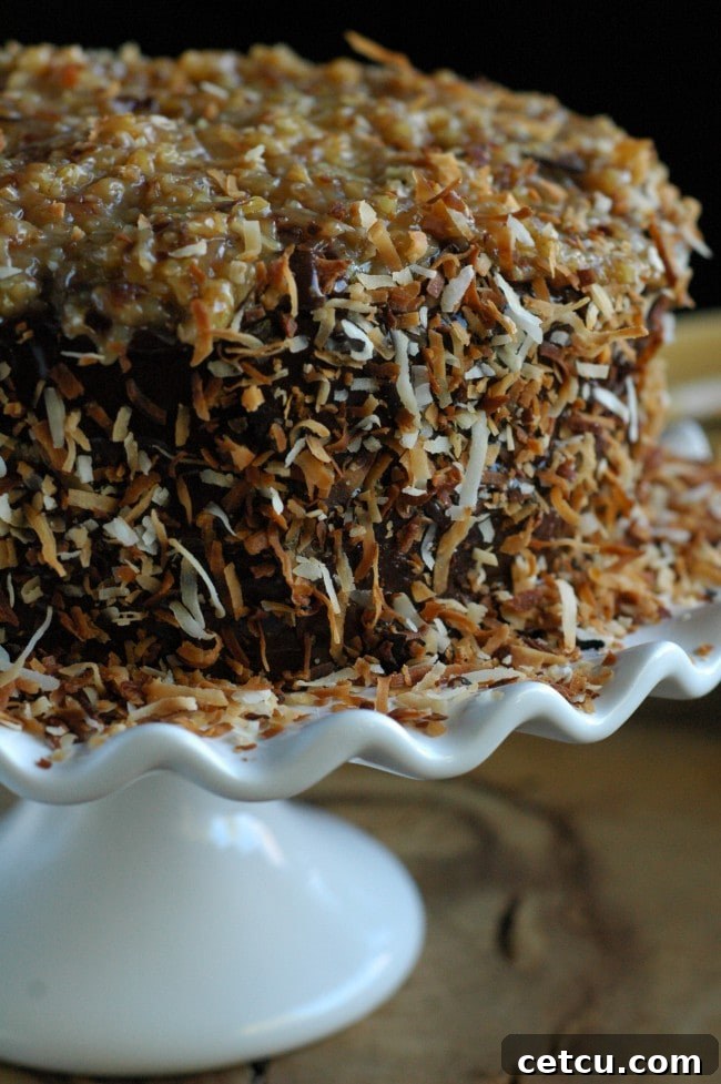 Close-up of a slice of Toasted Coconut German Chocolate Cake showing layers of cake, frosting, and ganache.