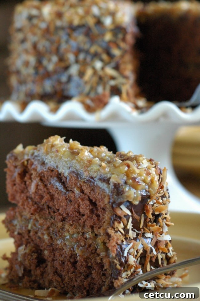 Close-up of the rich, rum-infused toasted coconut pecan frosting between cake layers.