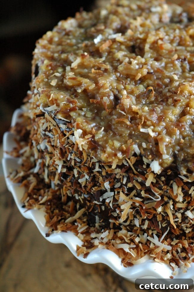 Elegant Toasted Coconut German Chocolate Cake decorated with toasted coconut.
