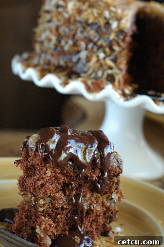 A glorious close-up of a slice of Toasted Coconut German Chocolate Cake, highlighting its moist crumb and rich layers.