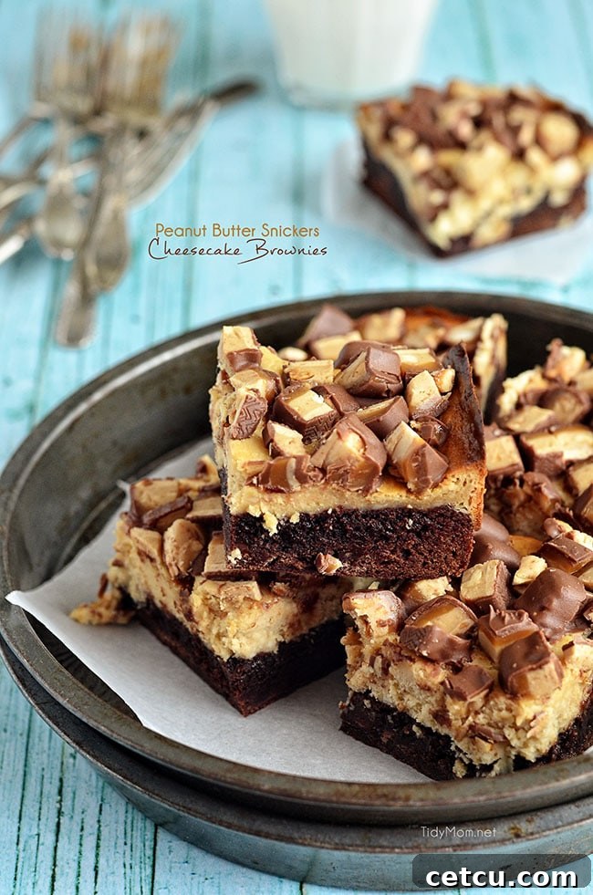 Decadent Peanut Butter Snickers Cheesecake Brownies recipe from TidyMom.net
