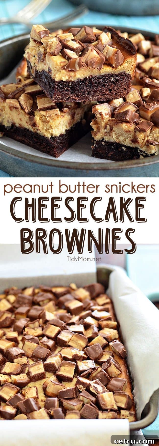 Collage of Peanut Butter Snickers Cheesecake Brownies photos with recipe details at TidyMom.net