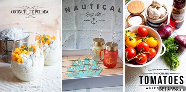 A collage of three recent posts from WhipperBerry: Coconut Rice Pudding, DIY Nautical Tray Set, and Pickled Tomatoes.