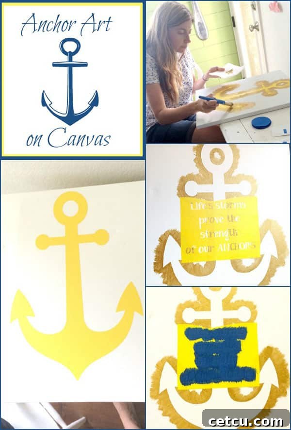 Detailed tutorial steps for Anchor Canvas Art by Kristen Duke, showing stencil application, painting, and removal. #sparkyoursummer