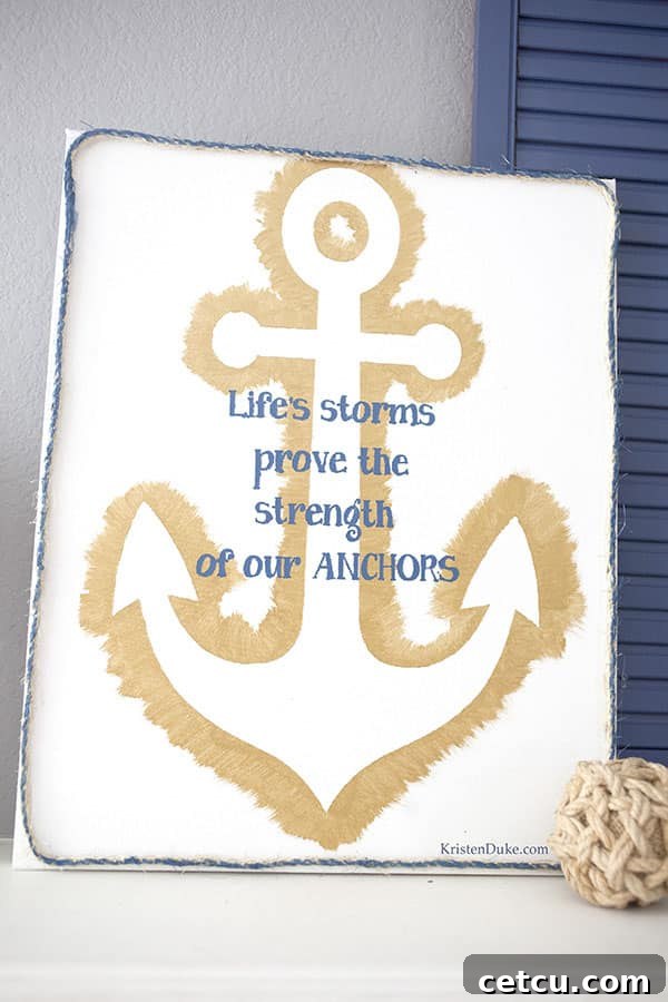 Completed DIY Anchor Canvas Art with inspirational quote and rope embellishment, created by Kristen Duke Photography. #sparkyoursummer