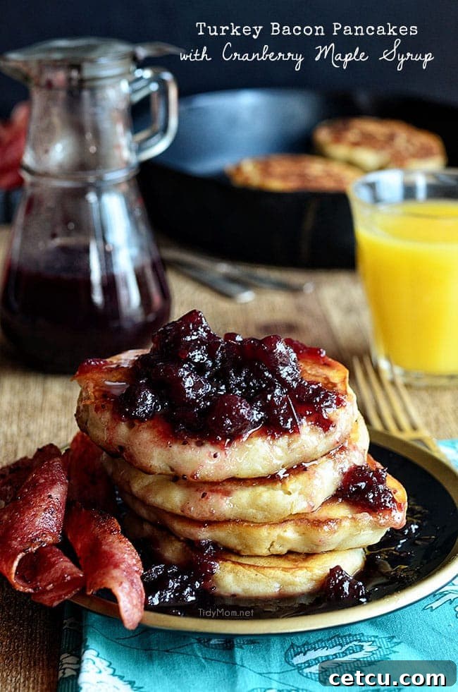 Fluffy Turkey Bacon Pancakes with Cranberry Maple Syrup recipe at TidyMom.net