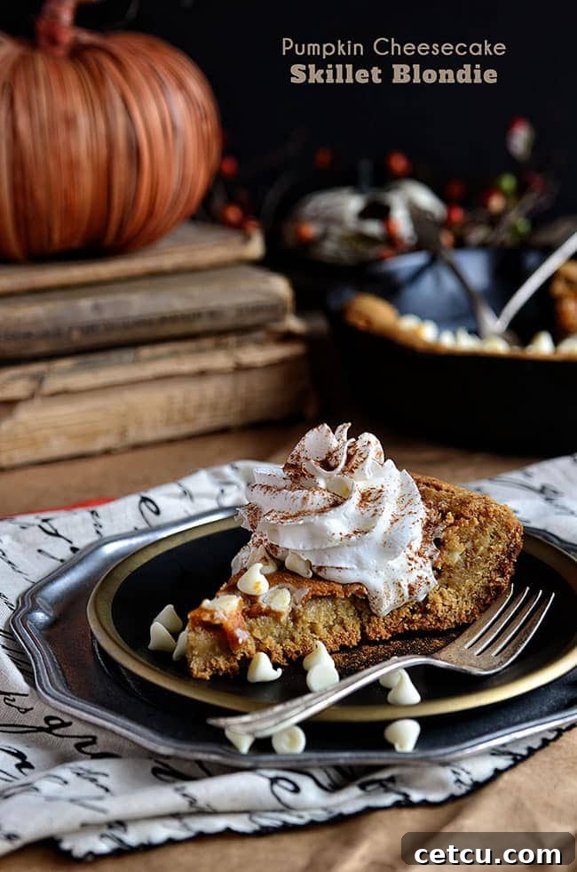 Decadent Pumpkin Cheesecake Skillet Blondie, a perfect fall dessert recipe from TidyMom.net