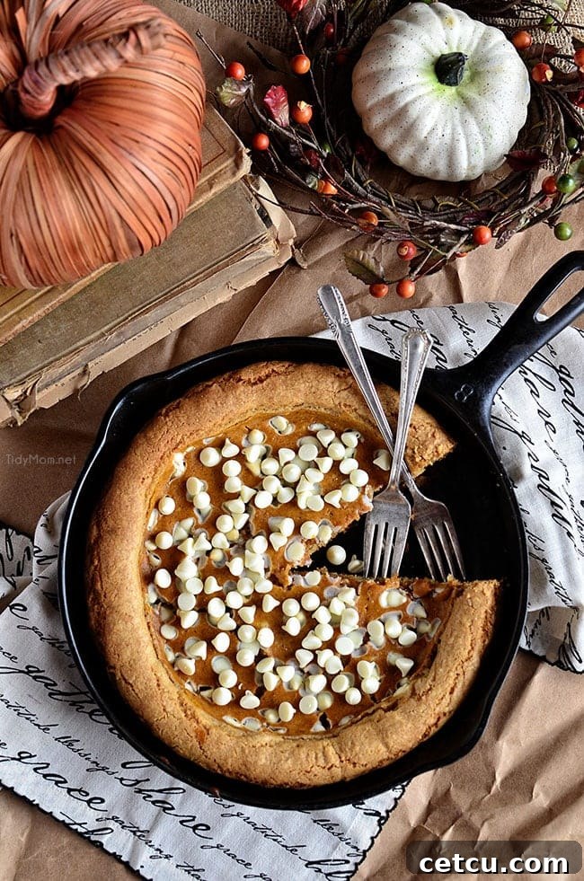 Perfect Fall Treat! Pumpkin Cheesecake Skillet Blondie recipe with white chocolate at TidyMom.net