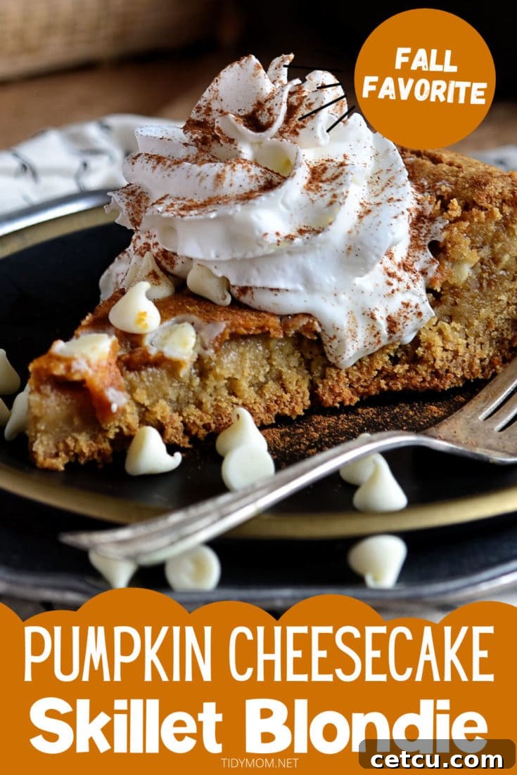 Pinterest pin for Pumpkin Cheesecake Skillet Blondie, a delicious fall dessert