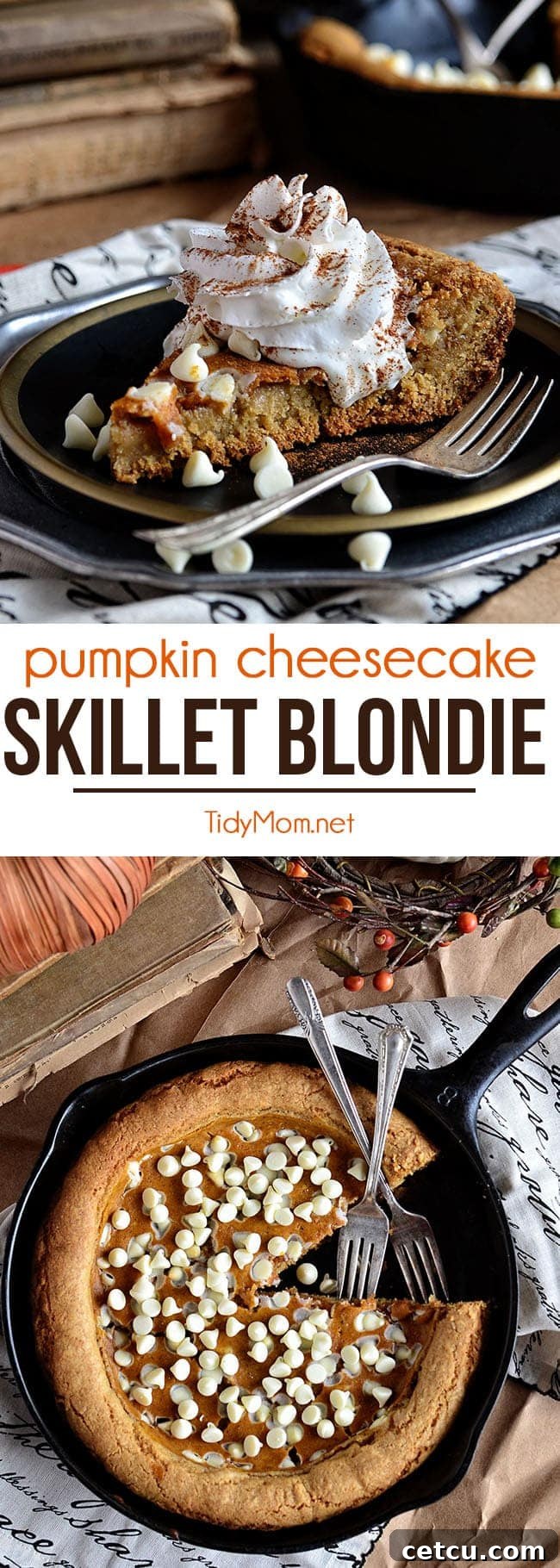 Take the great taste of pumpkin pie and give it an upgrade. Pumpkin Cheesecake Skillet Blondie is a trifecta of flavors all in one decadent dessert, a first-class ticket to pumpkin heaven. Print the full recipe at TidyMom.net