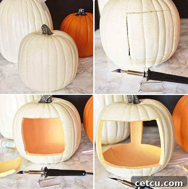 cut openings in faux pumpkin for planter at TidyMom.net