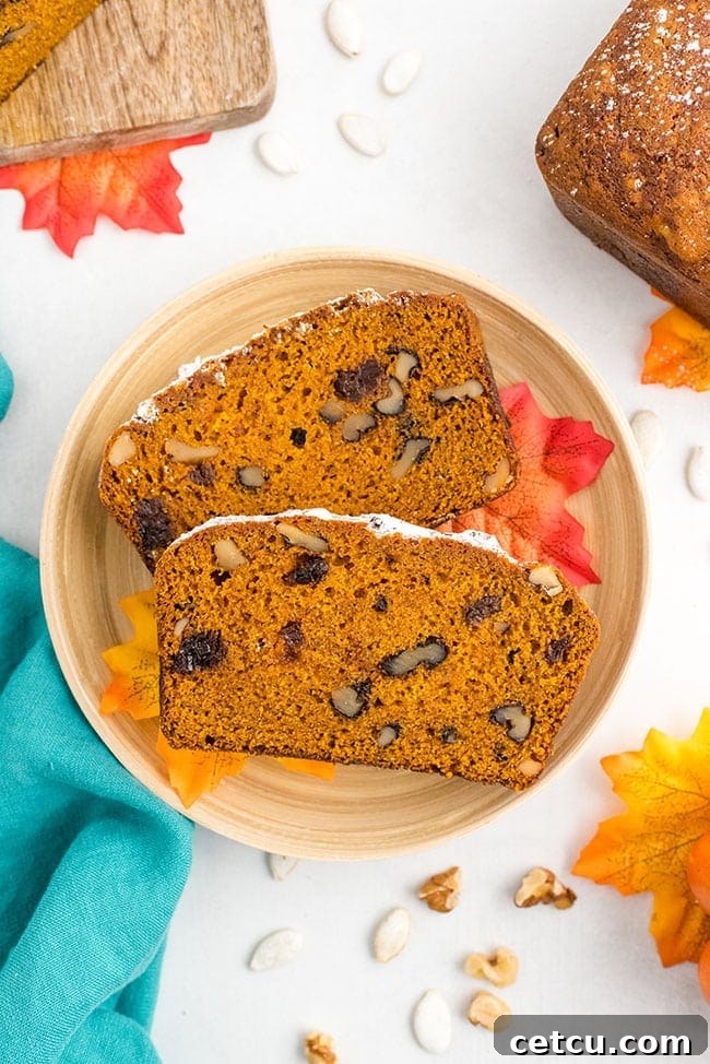 Two generous slices of moist pumpkin bread, garnished with a light dusting of powdered sugar, resting elegantly on a pristine white plate, evoking a sense of cozy autumn indulgence.
