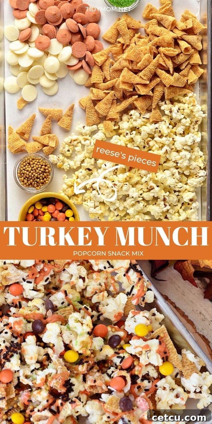 popcorn snack mix and ingredients on a pan