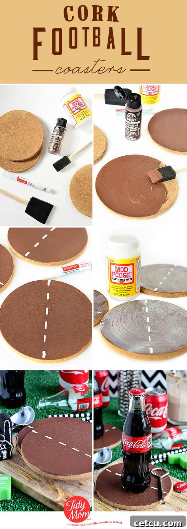Handmade cork coasters painted brown with white football laces, arranged for a football party setting.